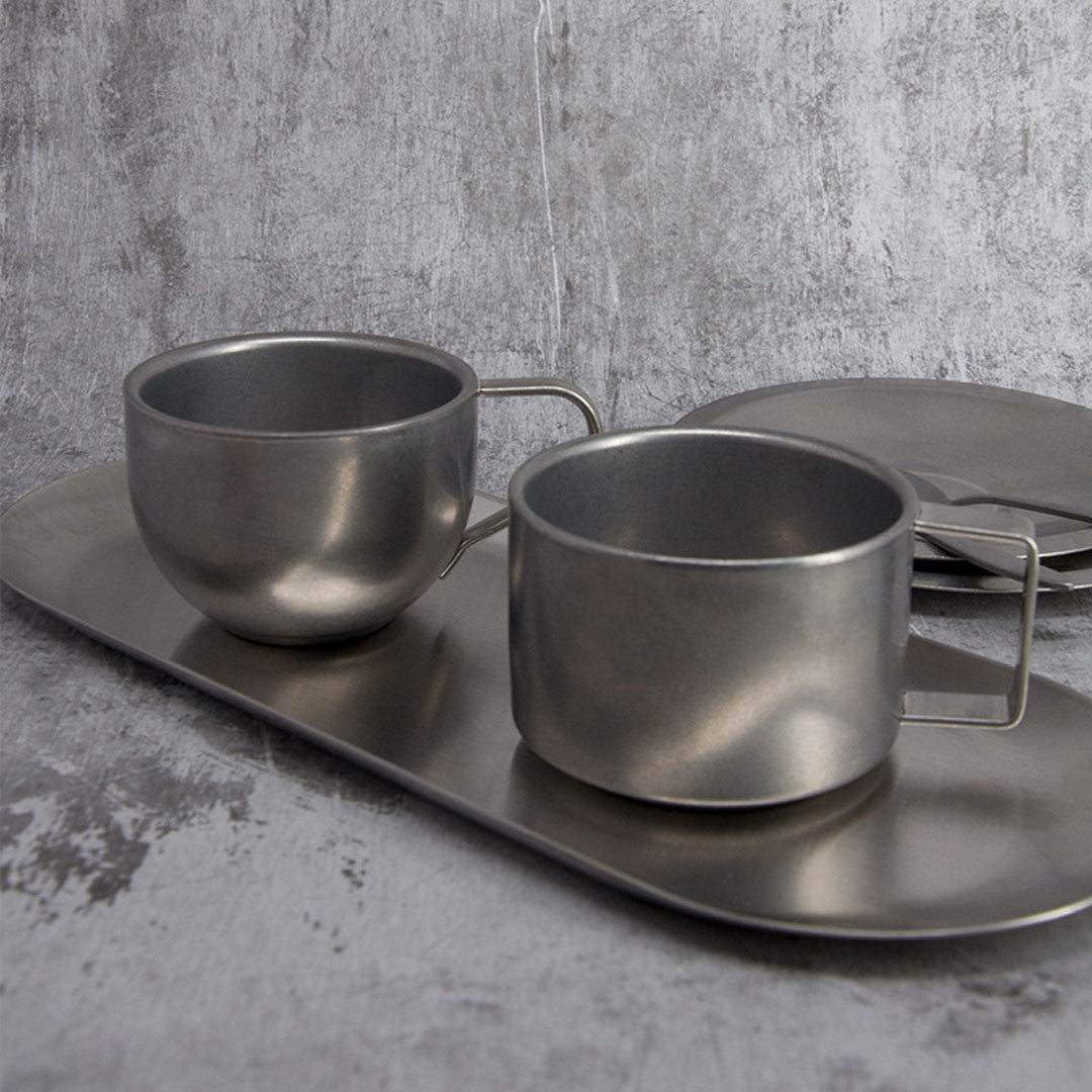 Retro Distressed Stainless Steel Coffee Mug With Saucer & Spoon