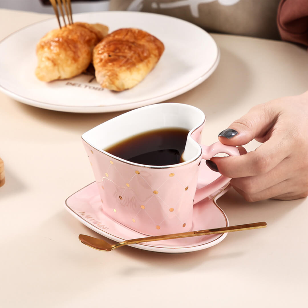 Handmade Ceramic Heart Mug With Saucer & Spoon