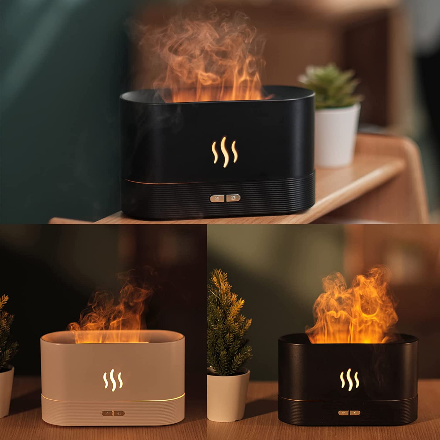 Diffuseur d'aromathérapie d'humidificateur d'air de brouillard de lumière de nuit de flamme de simulation