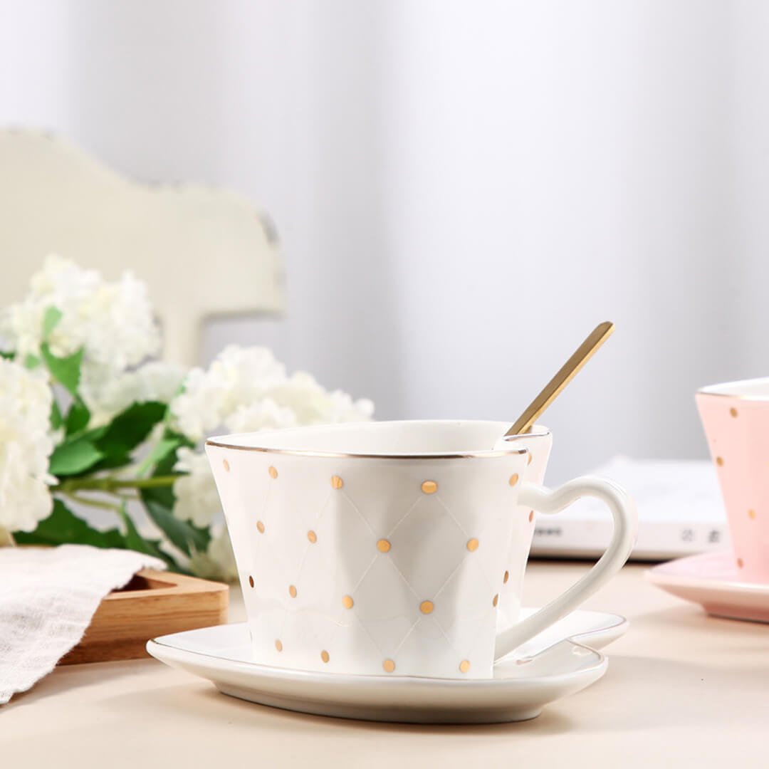 Handmade Ceramic Heart Mug With Saucer & Spoon