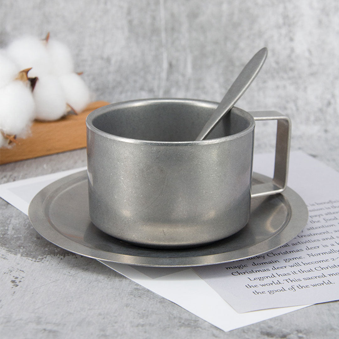 Retro Distressed Stainless Steel Coffee Mug With Saucer & Spoon