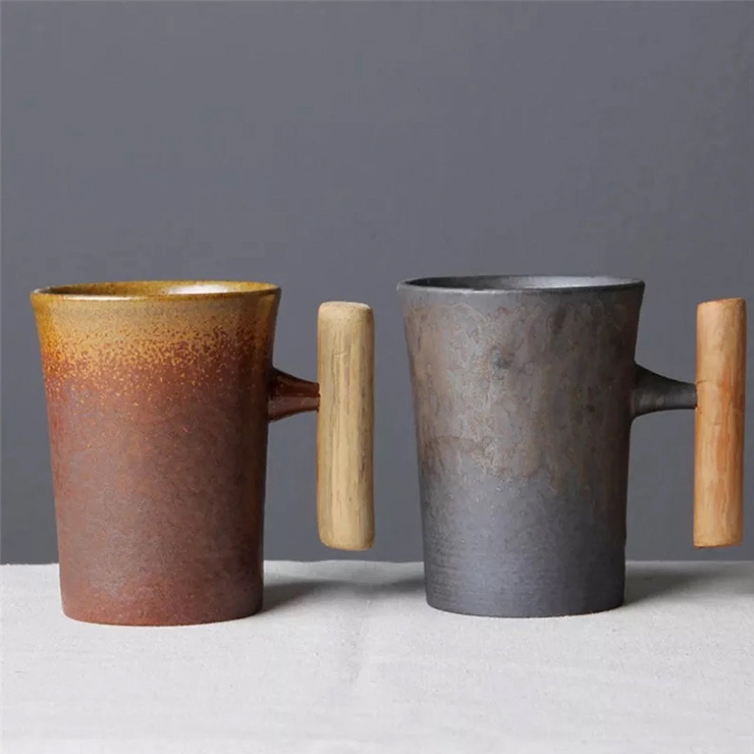 Rusty Glazed Mugs Series with Wood Handle