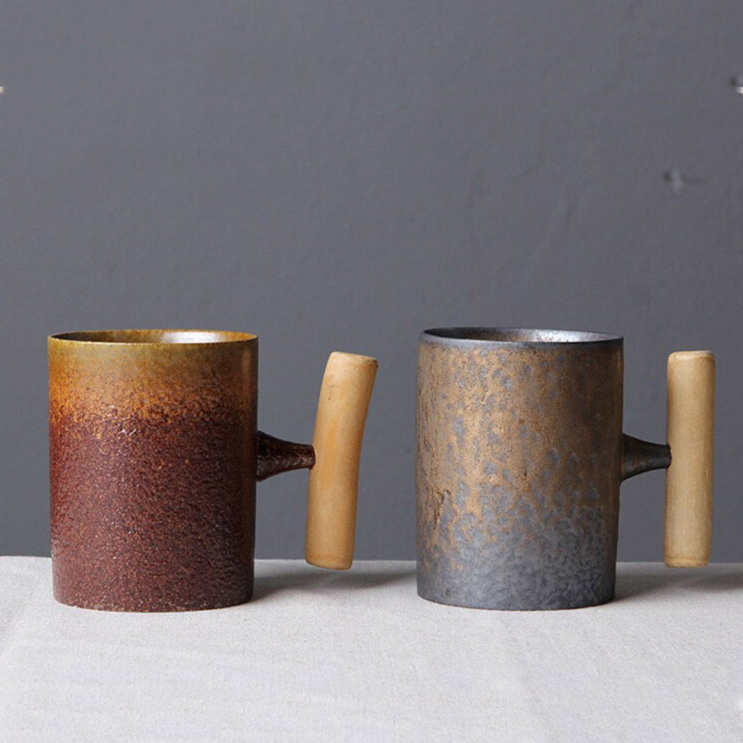 Rusty Glazed Mugs Series with Wood Handle