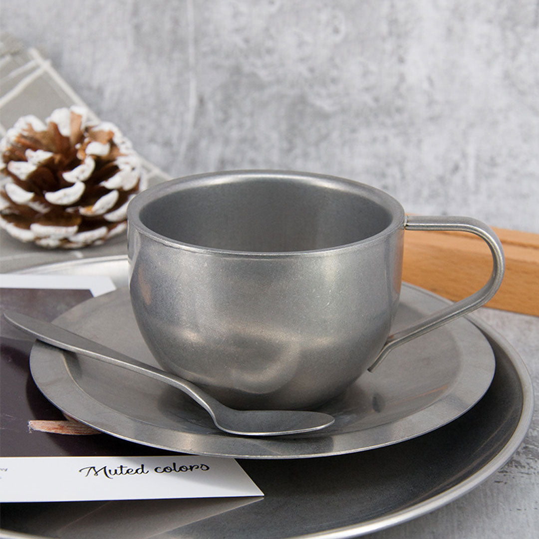 Retro Distressed Stainless Steel Coffee Mug With Saucer & Spoon