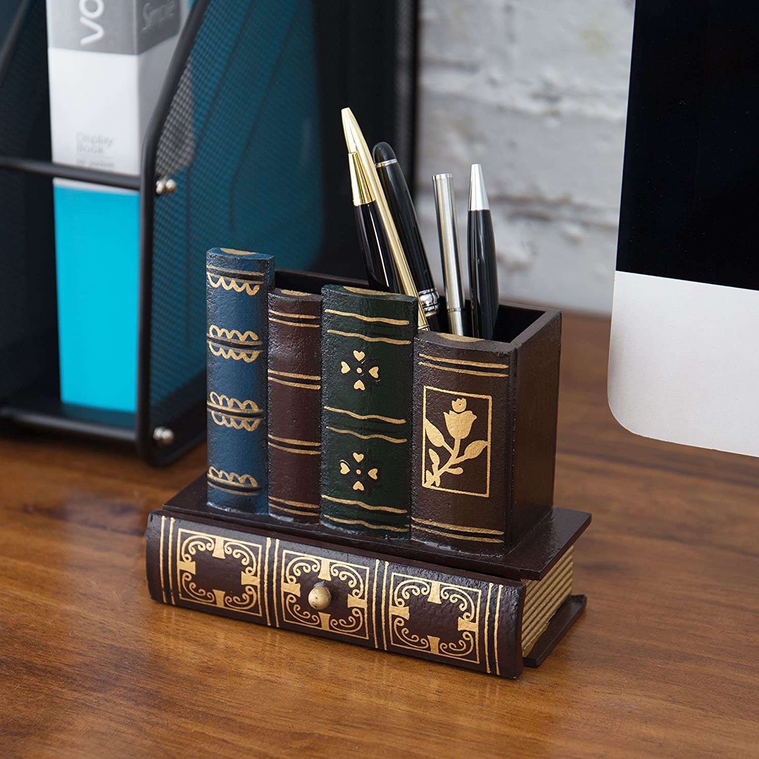 Book Design Wooden Organizer with Bottom Drawer