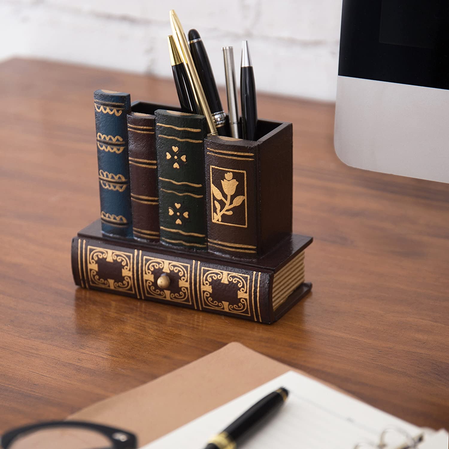 Organizador de madera de diseño de libro con cajón inferior