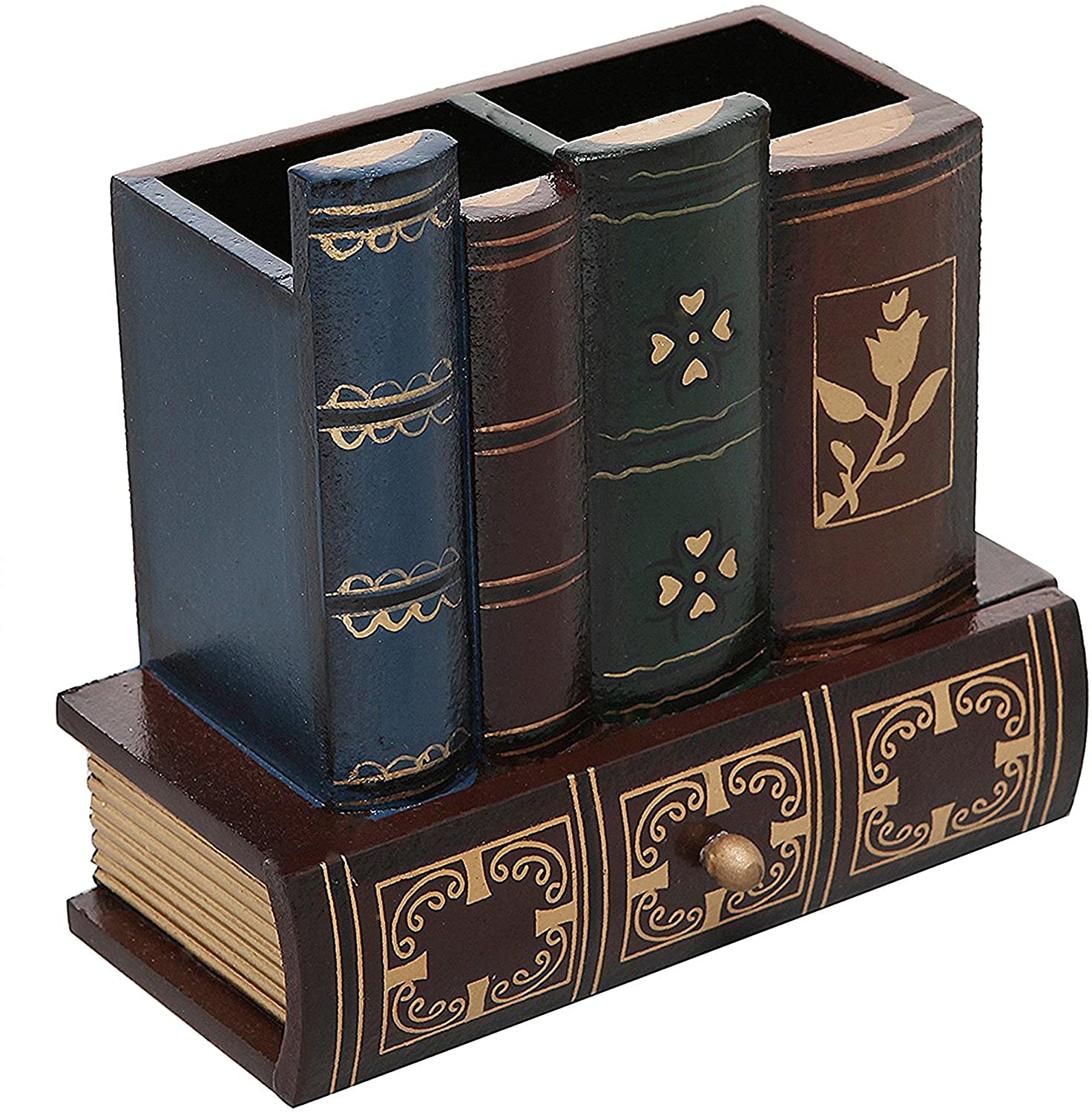 Organizador de madera de diseño de libro con cajón inferior