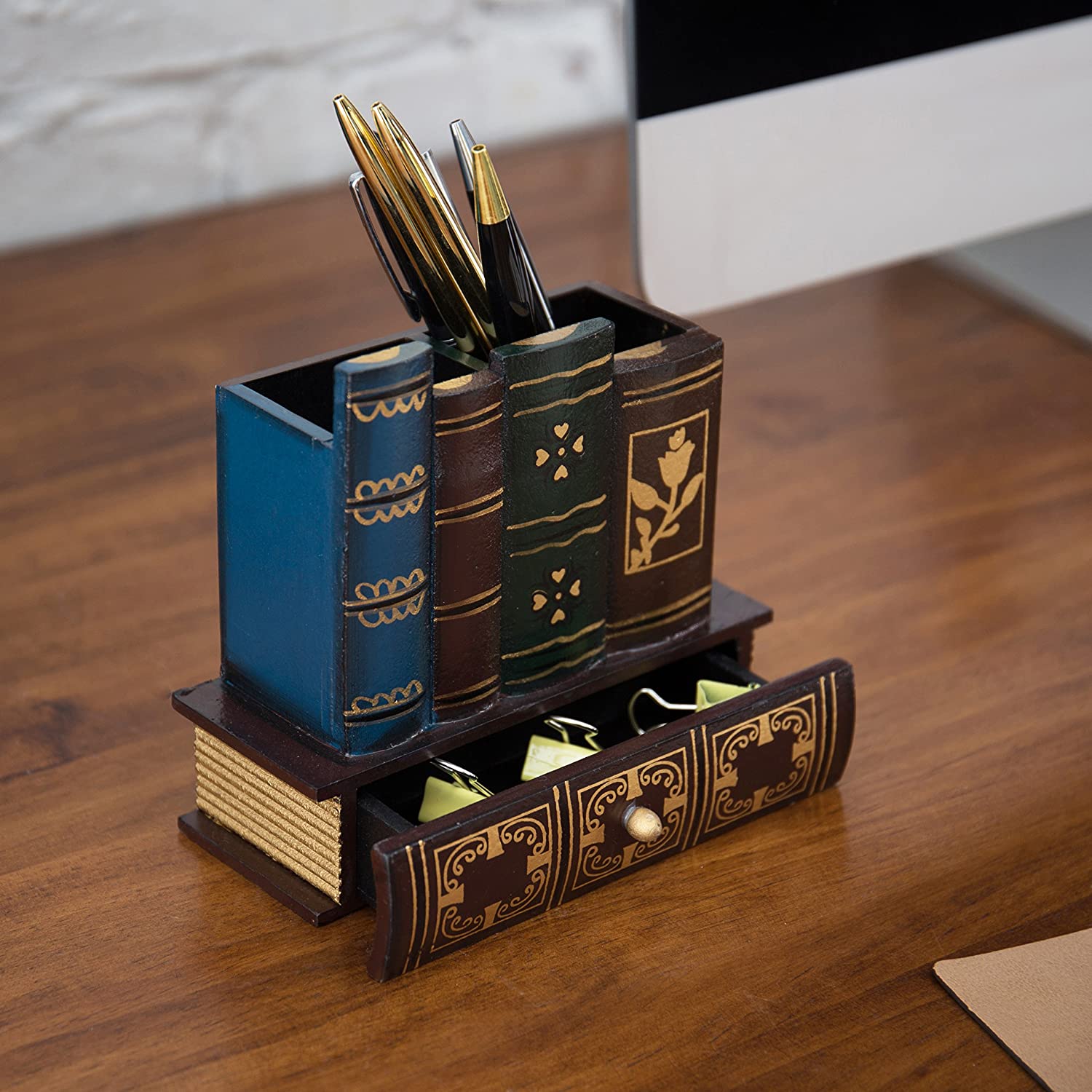 Book Design Wooden Organizer with Bottom Drawer