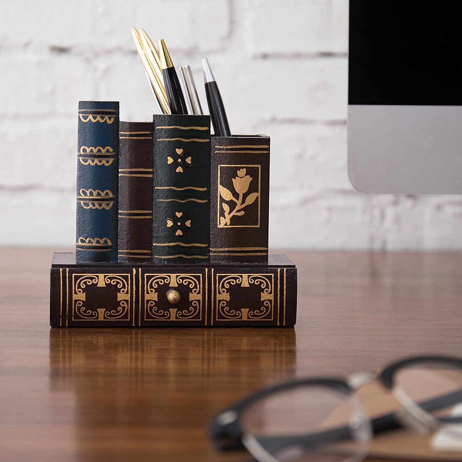 Book Design Wooden Organizer with Bottom Drawer