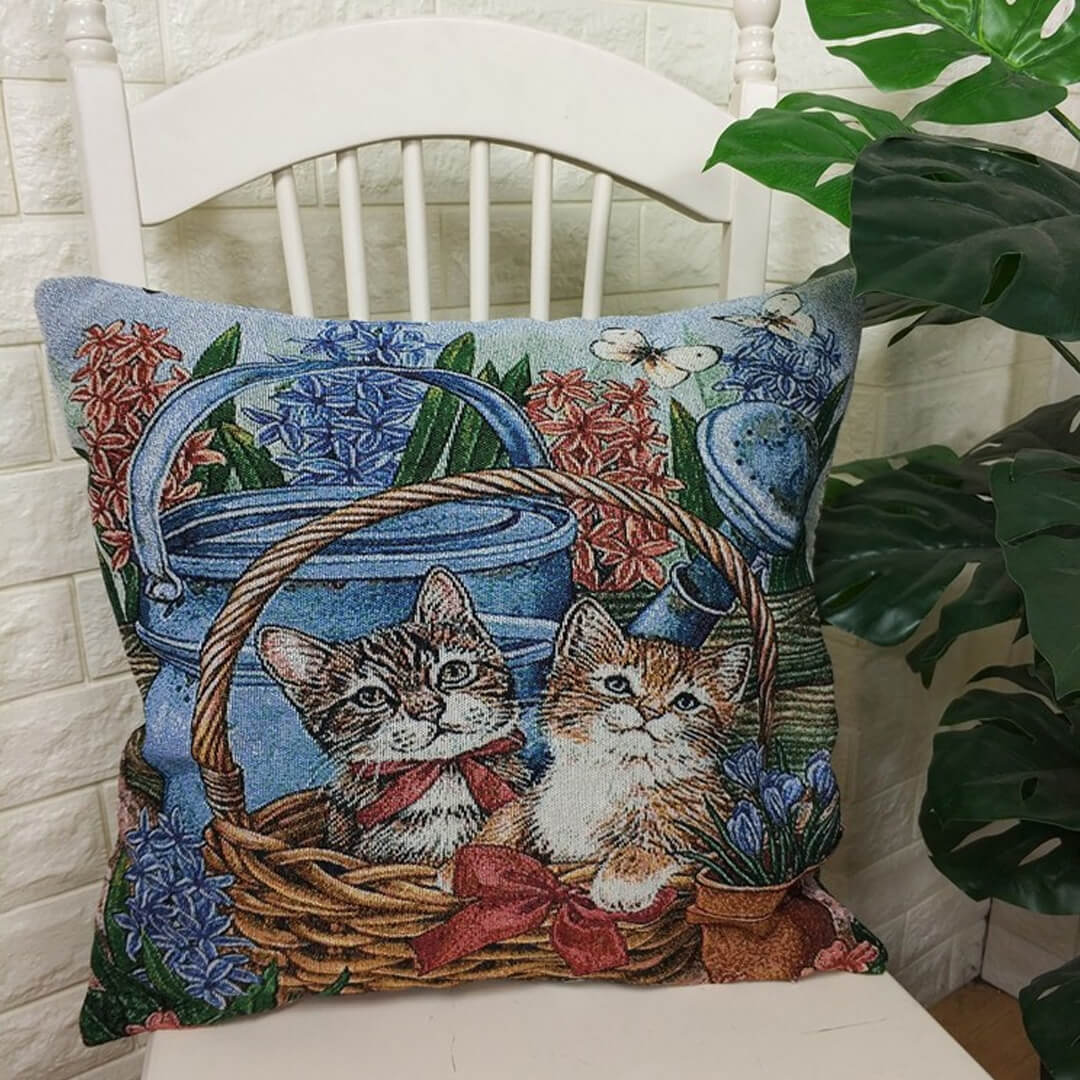 Funda de almohada de lino y algodón con estampado de gatos