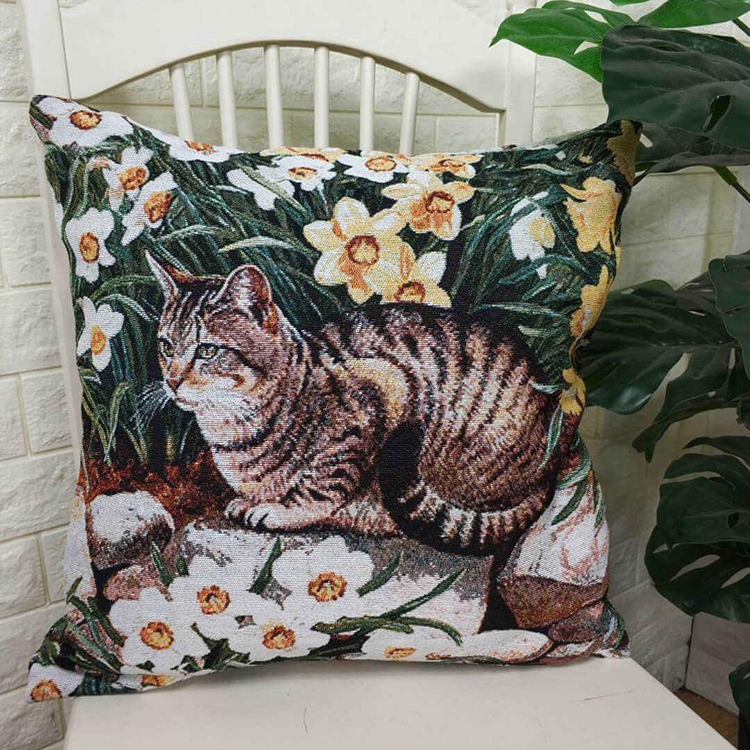 Cat Print Cotton Linen Pillow Cover