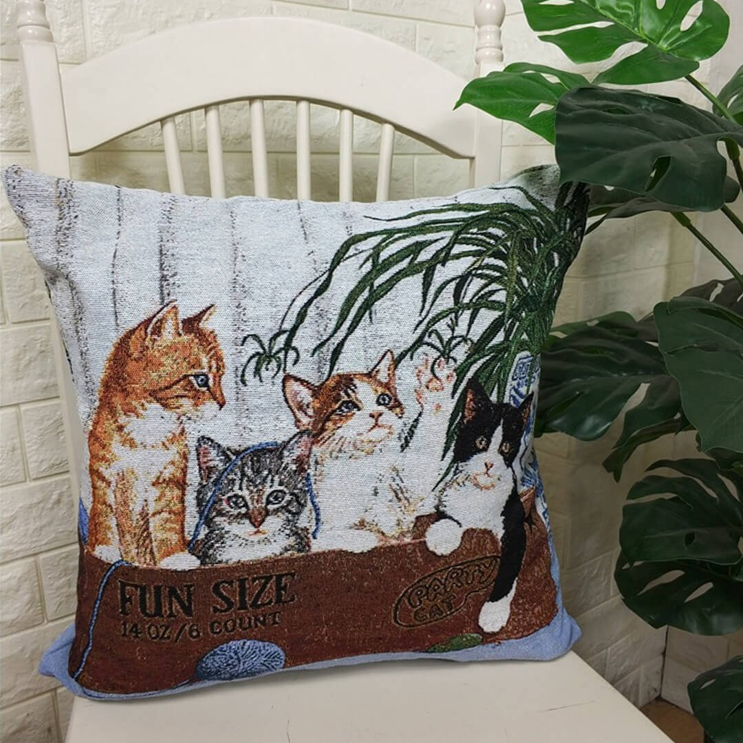 Funda de almohada de lino y algodón con estampado de gatos