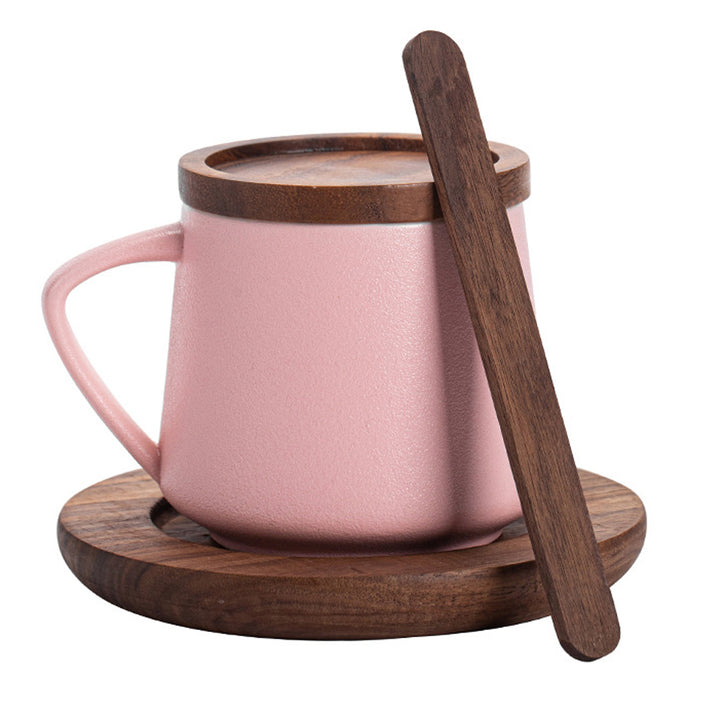 Ceramic Mug with Wooden Lid Stirrer Saucer