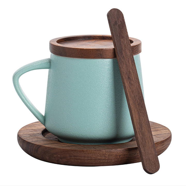 Ceramic Mug with Wooden Lid Stirrer Saucer