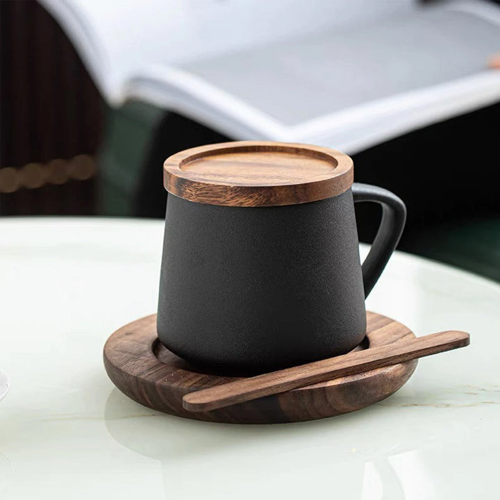 Ceramic Mug with Wooden Lid Stirrer Saucer