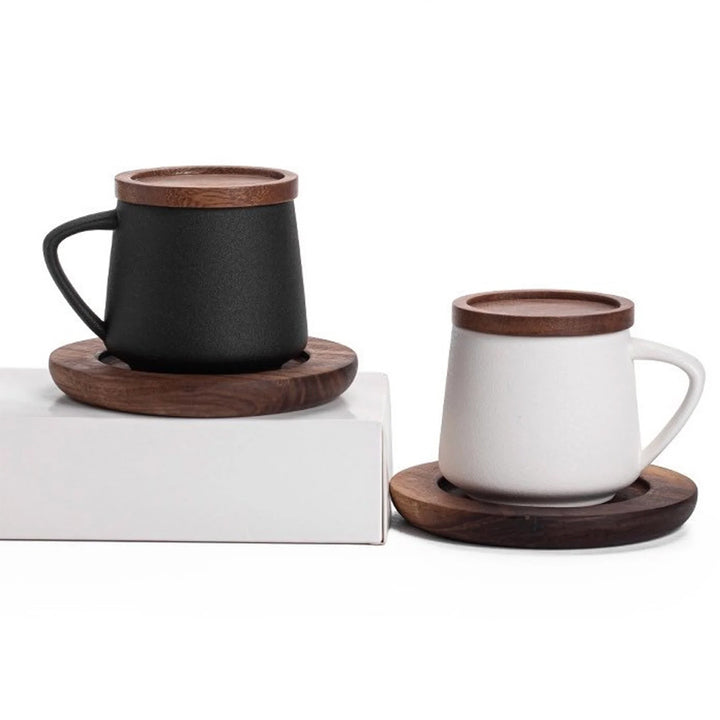 Ceramic Mug with Wooden Lid Stirrer Saucer