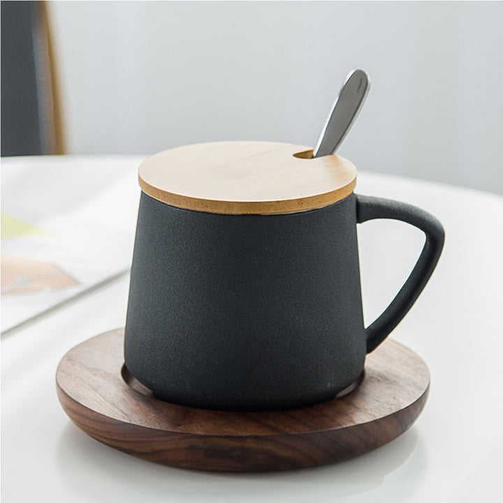 Ceramic Mug with Wooden Lid Stirrer Saucer