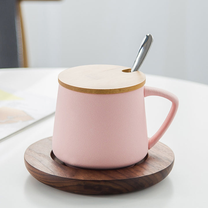 Ceramic Mug with Wooden Lid Stirrer Saucer