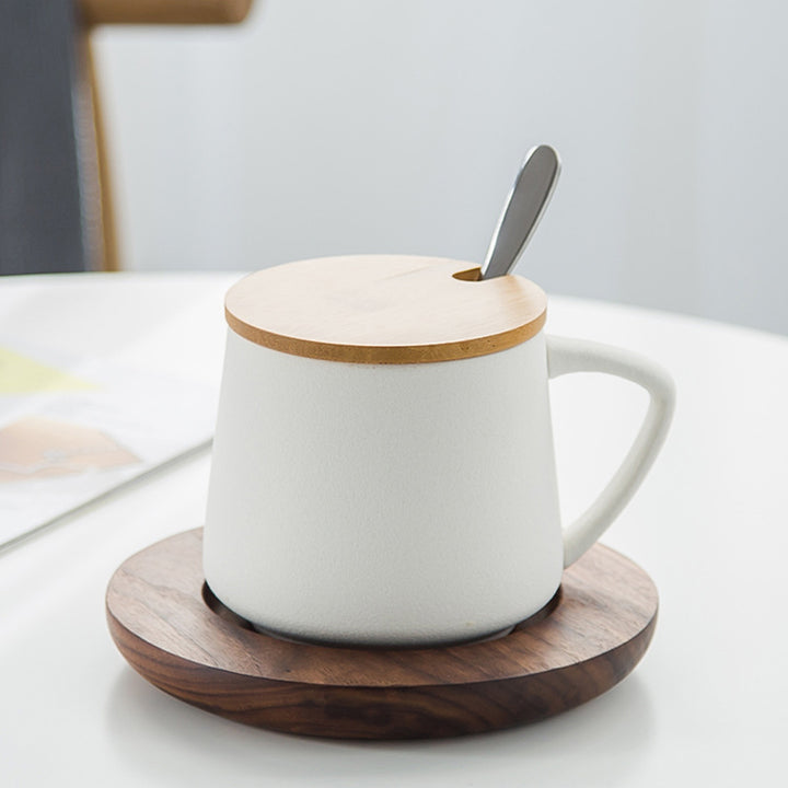 Ceramic Mug with Wooden Lid Stirrer Saucer