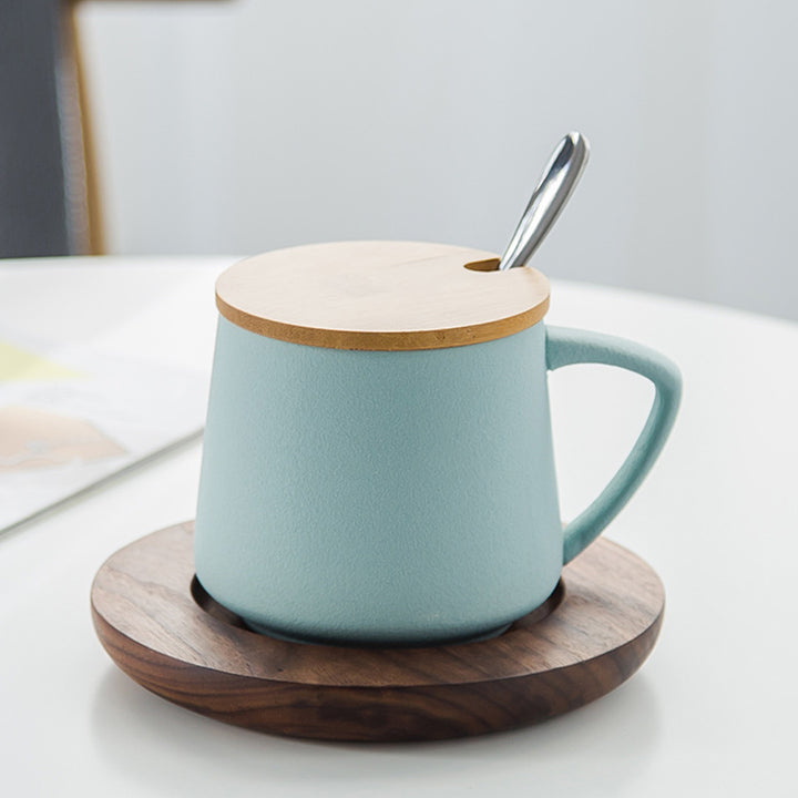 Ceramic Mug with Wooden Lid Stirrer Saucer