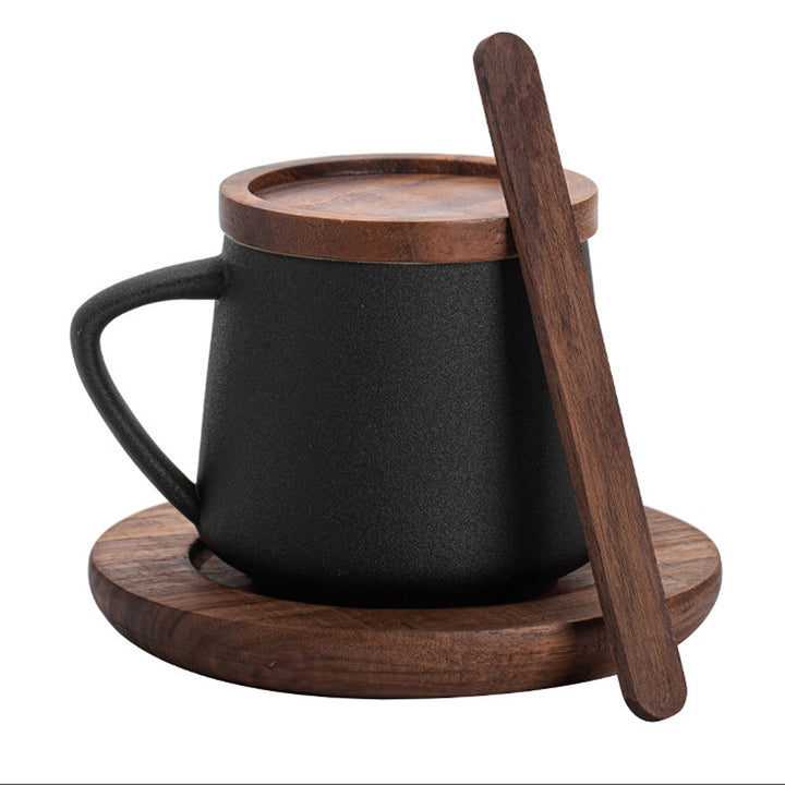 Ceramic Mug with Wooden Lid Stirrer Saucer