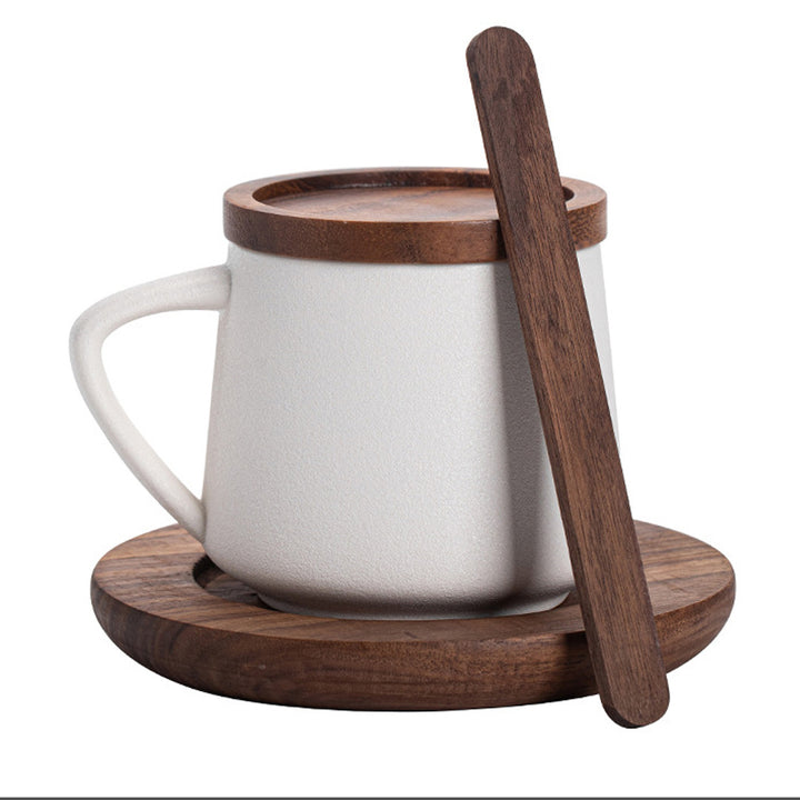 Ceramic Mug with Wooden Lid Stirrer Saucer