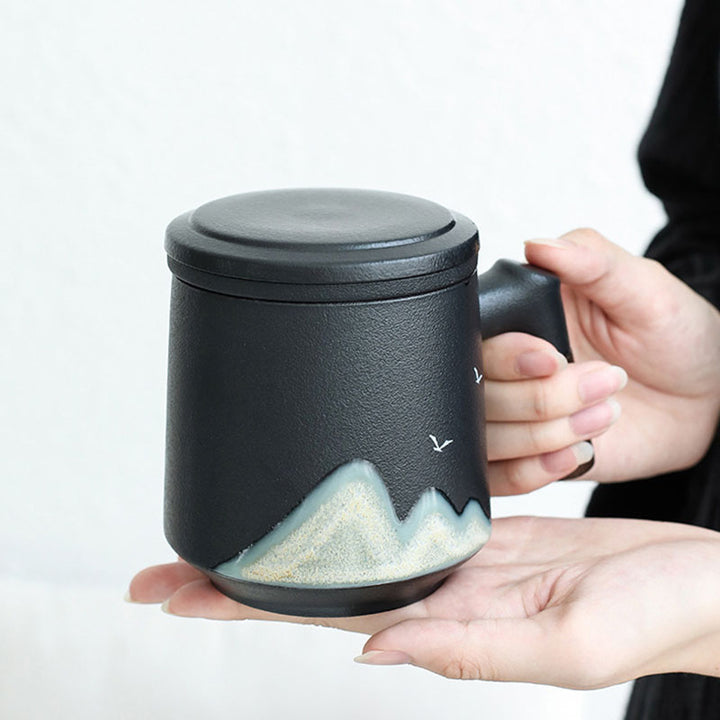 Ceramic tea cups with strainer wood handle, black