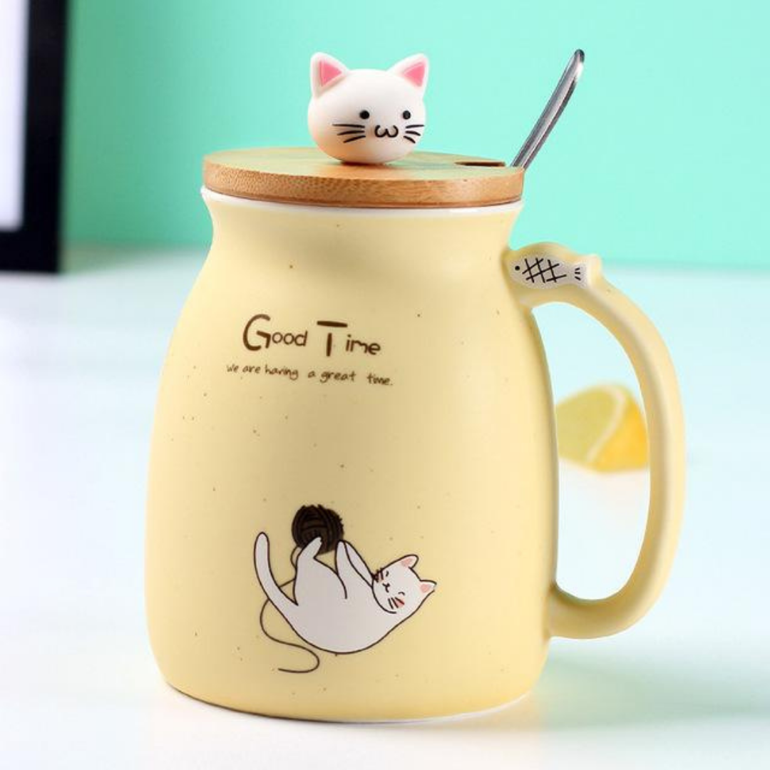 Ceramic Cat Mug With Spoon & Wooden Lid