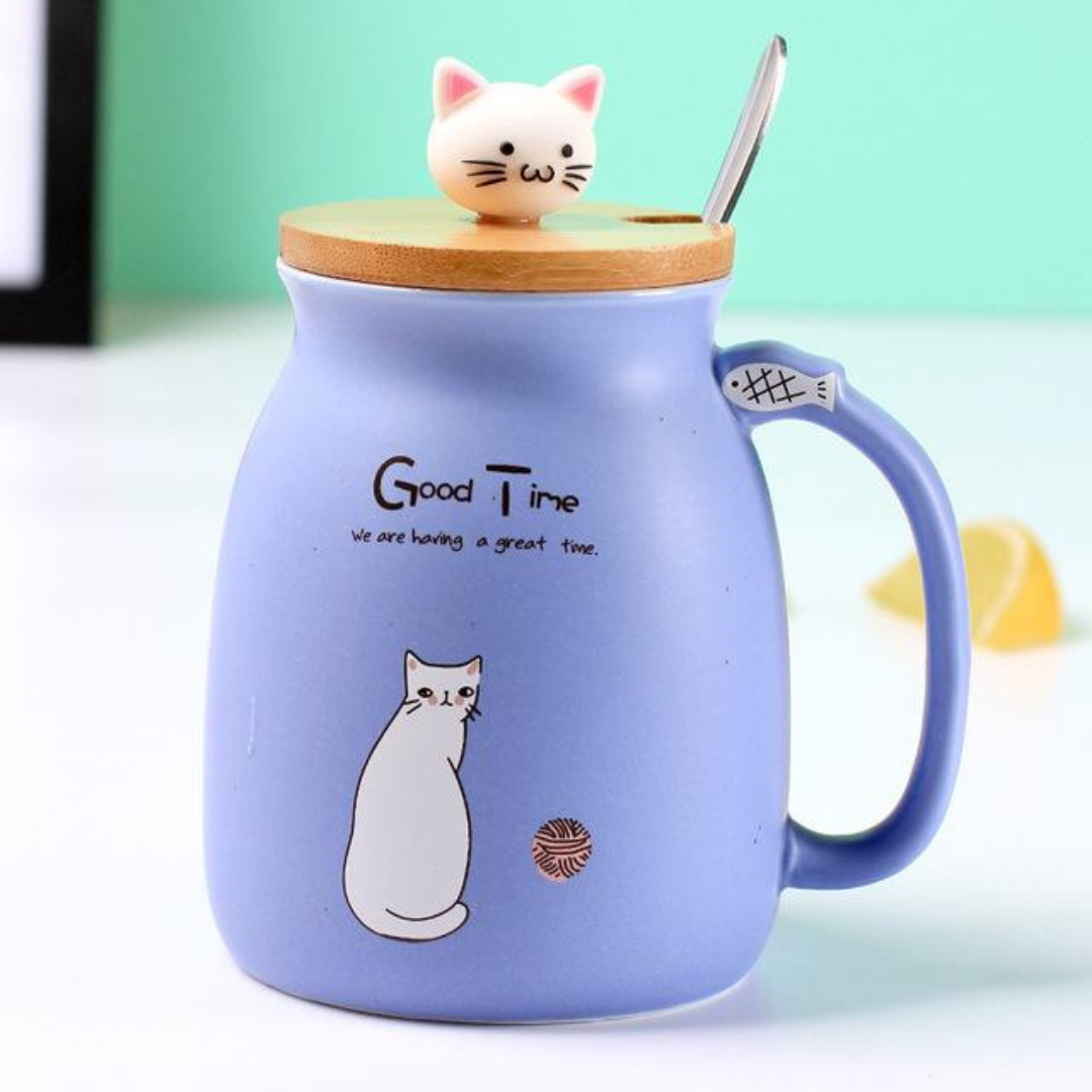 Ceramic Cat Mug With Spoon & Wooden Lid