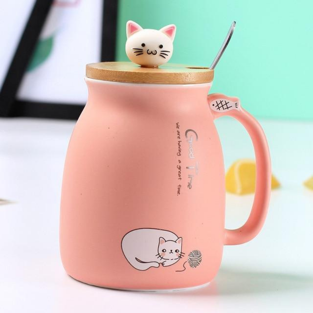 Ceramic Cat Mug With Spoon & Wooden Lid