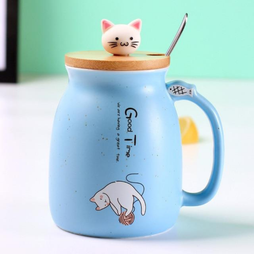 Ceramic Cat Mug With Spoon & Wooden Lid