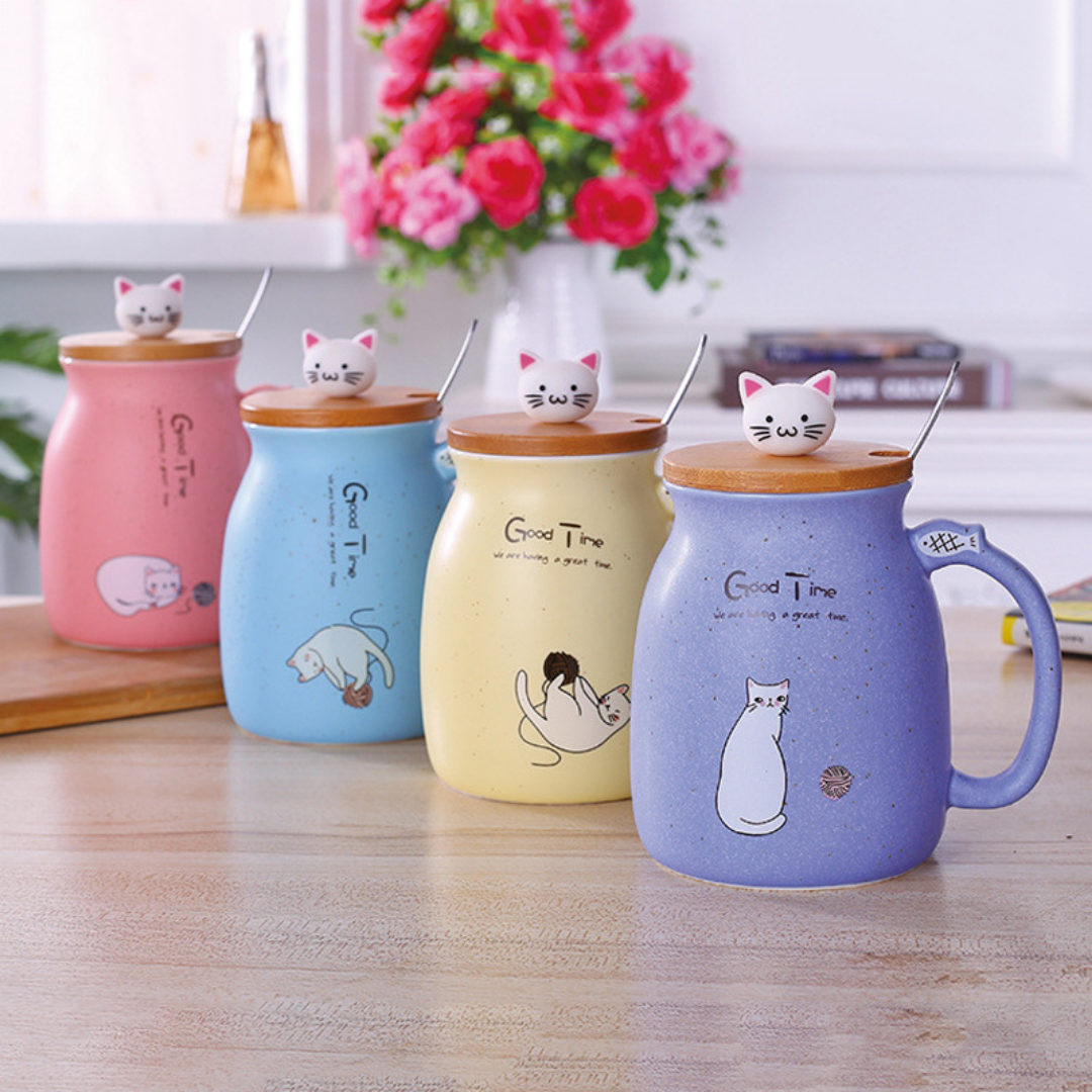 Ceramic Cat Mug With Spoon & Wooden Lid