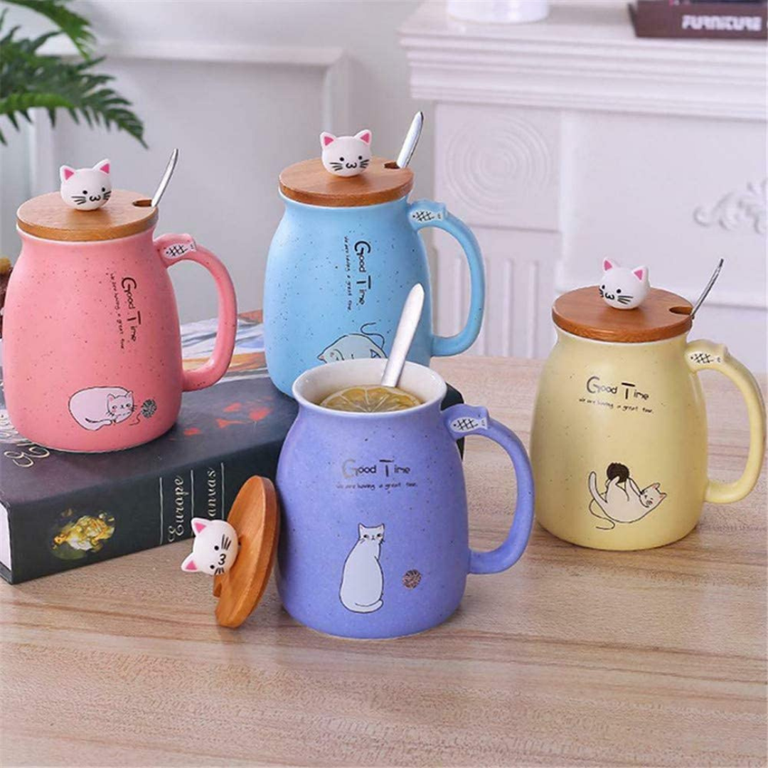 Ceramic Cat Mug With Spoon & Wooden Lid