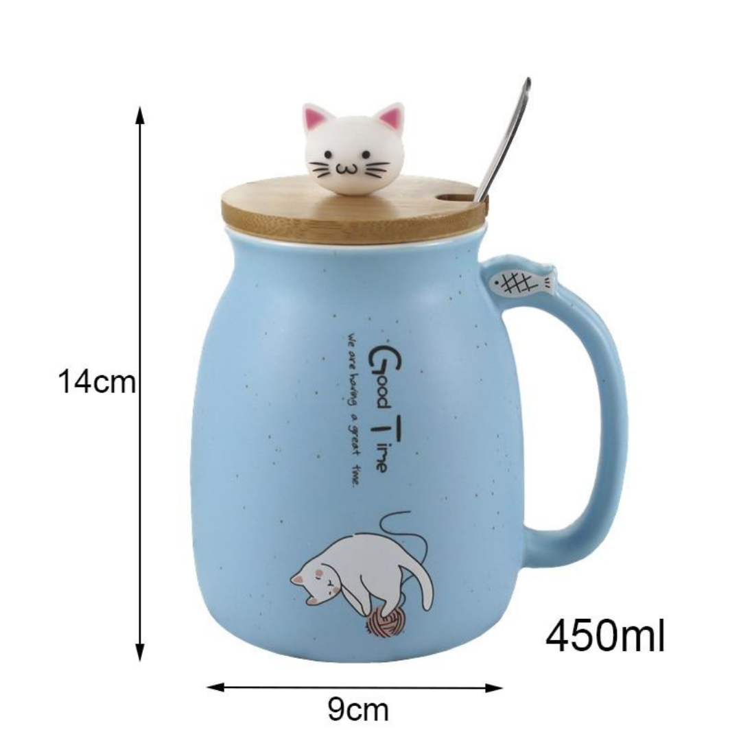 Ceramic Cat Mug With Spoon & Wooden Lid