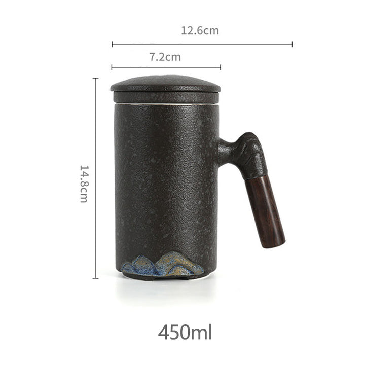 Ceramic tall mugs for coffee and tea, reusable-tea infuser, with wood handle