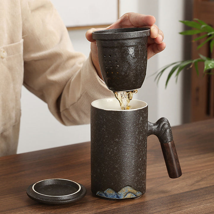 Ceramic tall mugs for coffee and tea, reusable-tea infuser, with wood handle