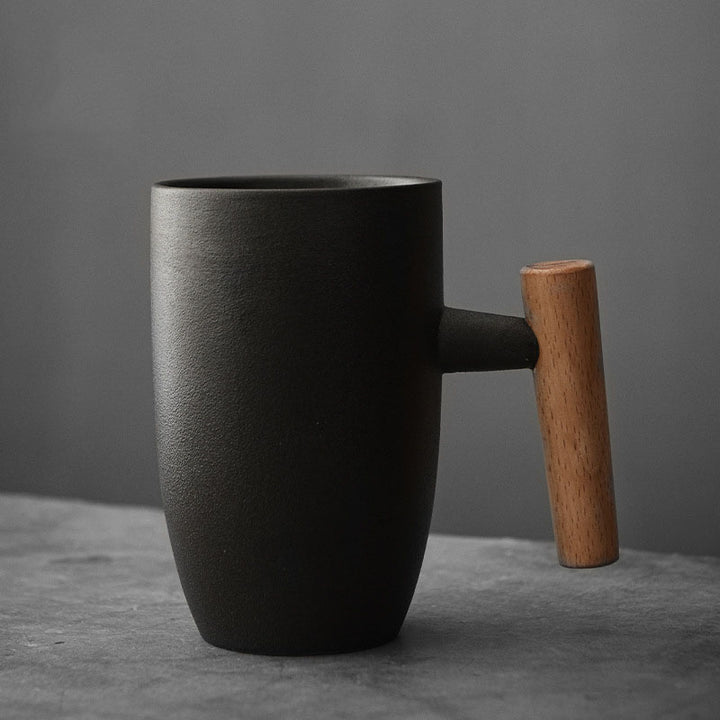 coarse pottery coffee mugs, tall mugs with wooden handle