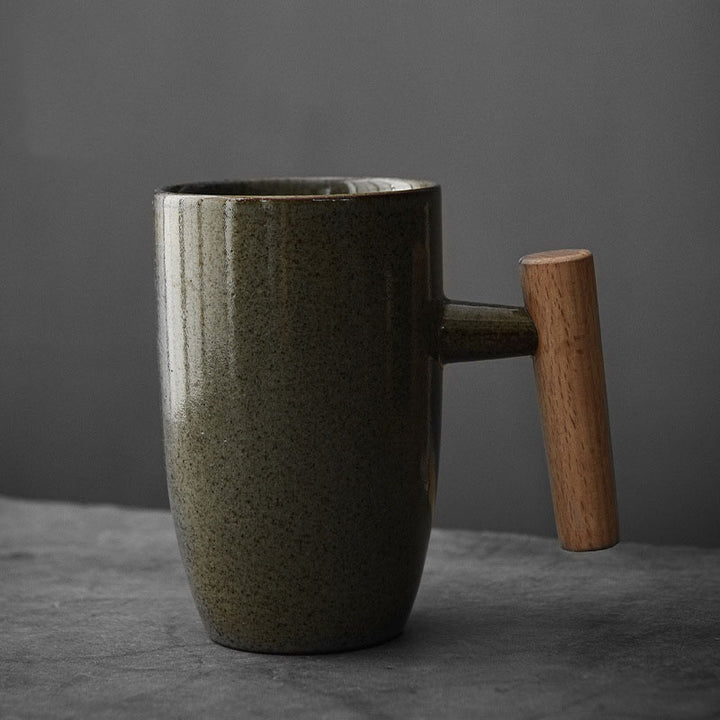 coarse pottery coffee mugs, tall mugs with wooden handle