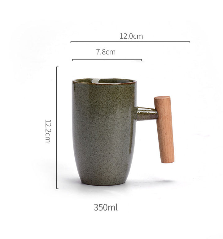 coarse pottery coffee mugs, tall mugs with wooden handle