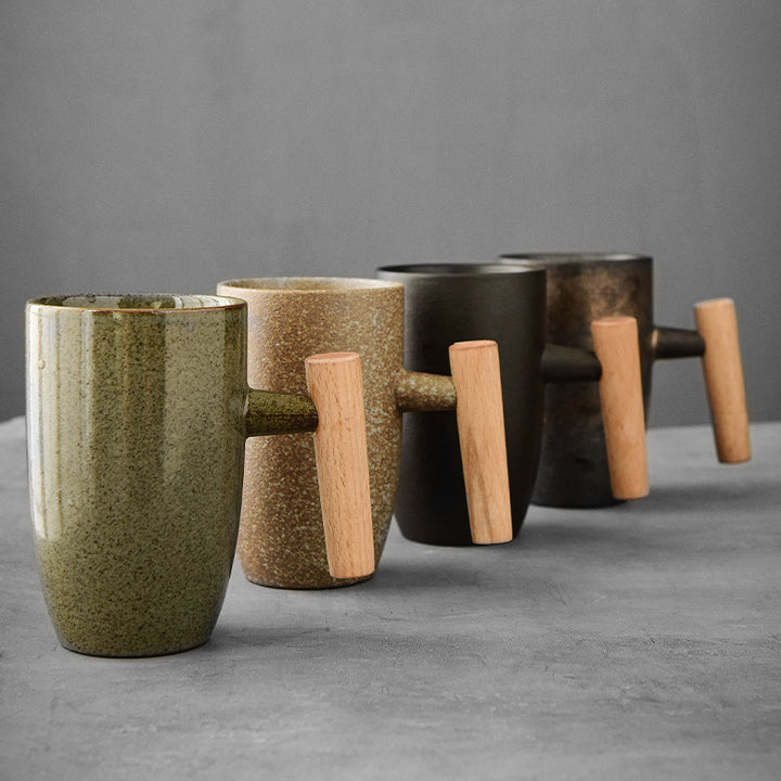coarse pottery coffee mugs, tall mugs with wooden handle