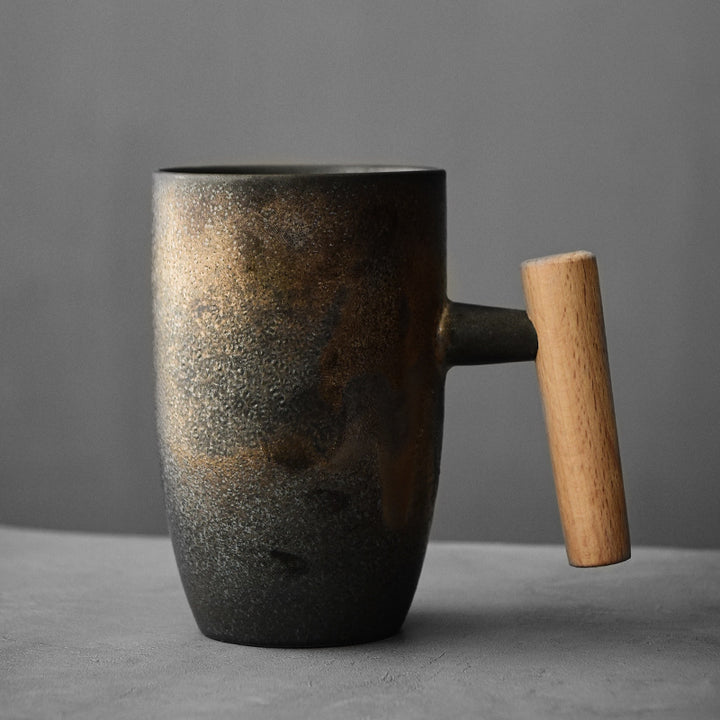 coarse pottery coffee mugs, tall mugs with wooden handle