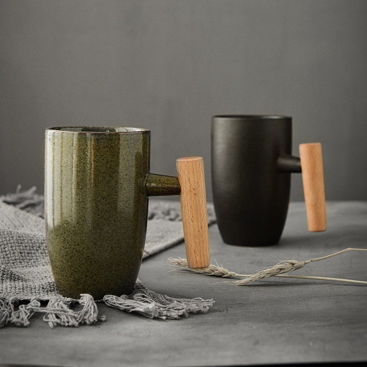 Coarse Pottery Coffee Mugs with Wooden Handle