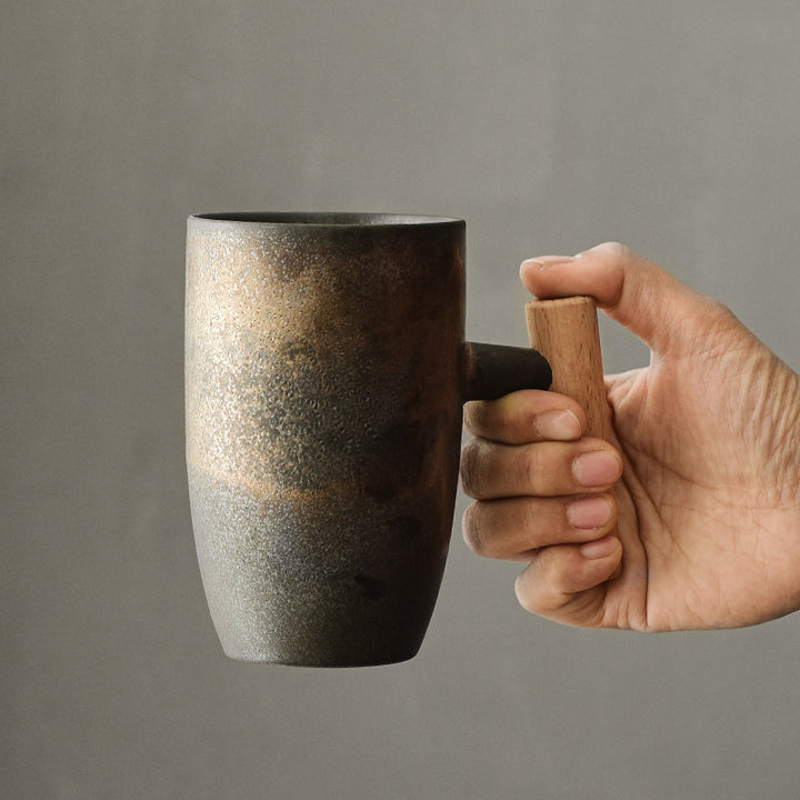 coarse pottery coffee mugs, tall mugs with wooden handle