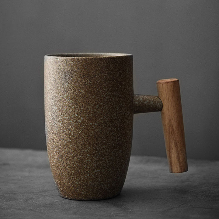 coarse pottery coffee mugs, tall mugs with wooden handle