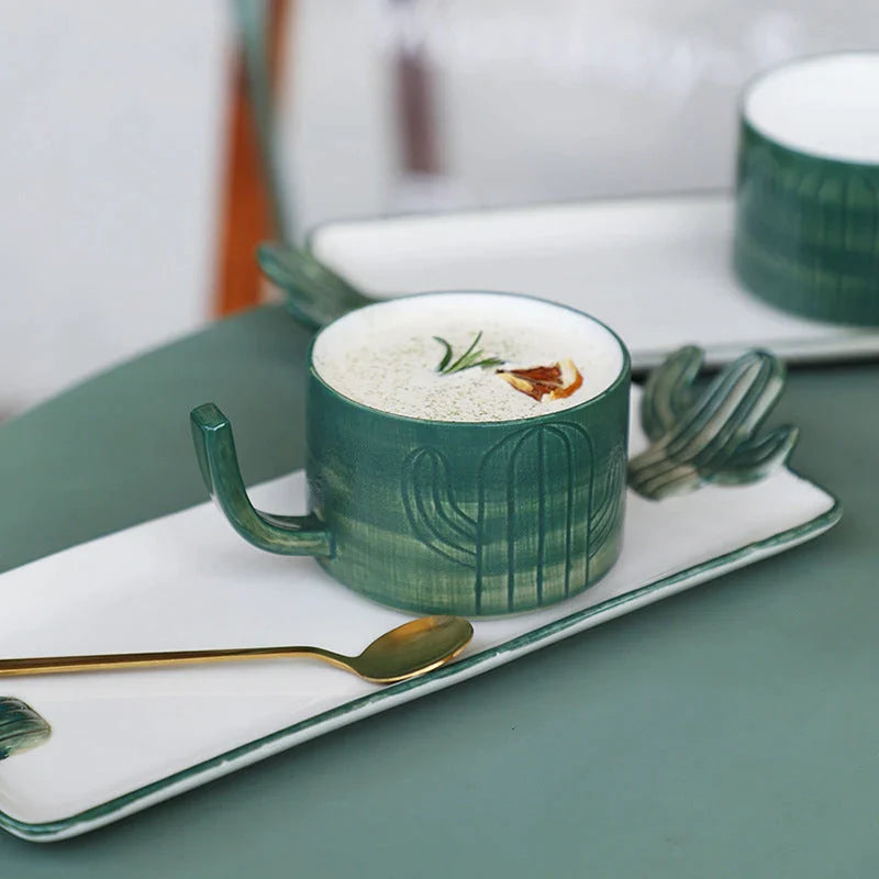 Creative Cactus Coffee Mug and Saucer Set