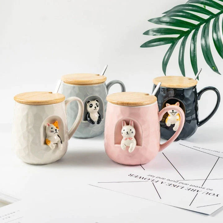 Cute Animals Relief Ceramic Mug With Lid and Spoon