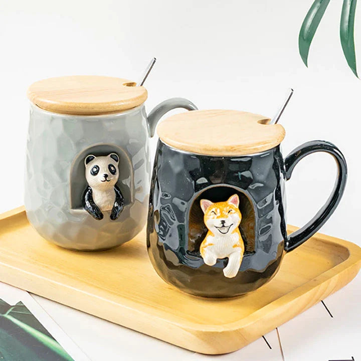 Cute Animals Relief Ceramic Mug With Lid and Spoon