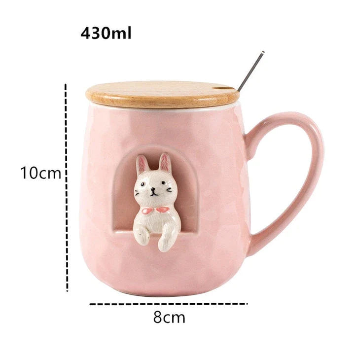 Cute Animals Relief Ceramic Mug With Lid and Spoon