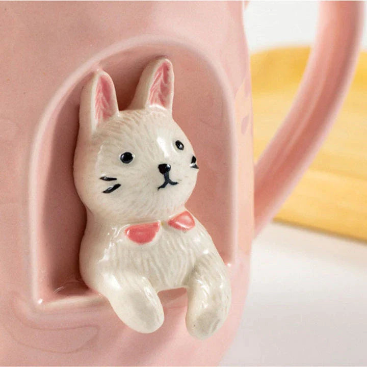 Cute Animals Relief Ceramic Mug With Lid and Spoon