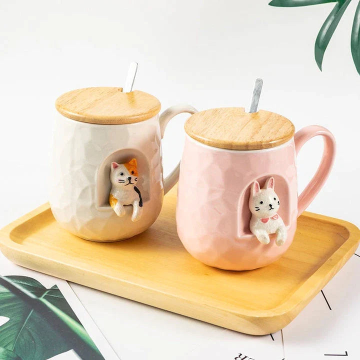 Cute Animals Relief Ceramic Mug With Lid and Spoon